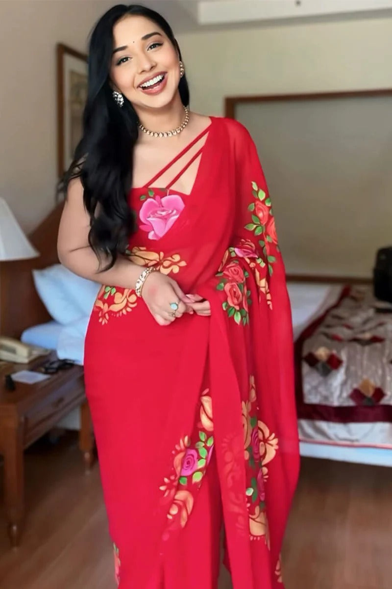 Flaunt 1 Minute Ready To Wear Red Georgette Floral Digital Printed Saree