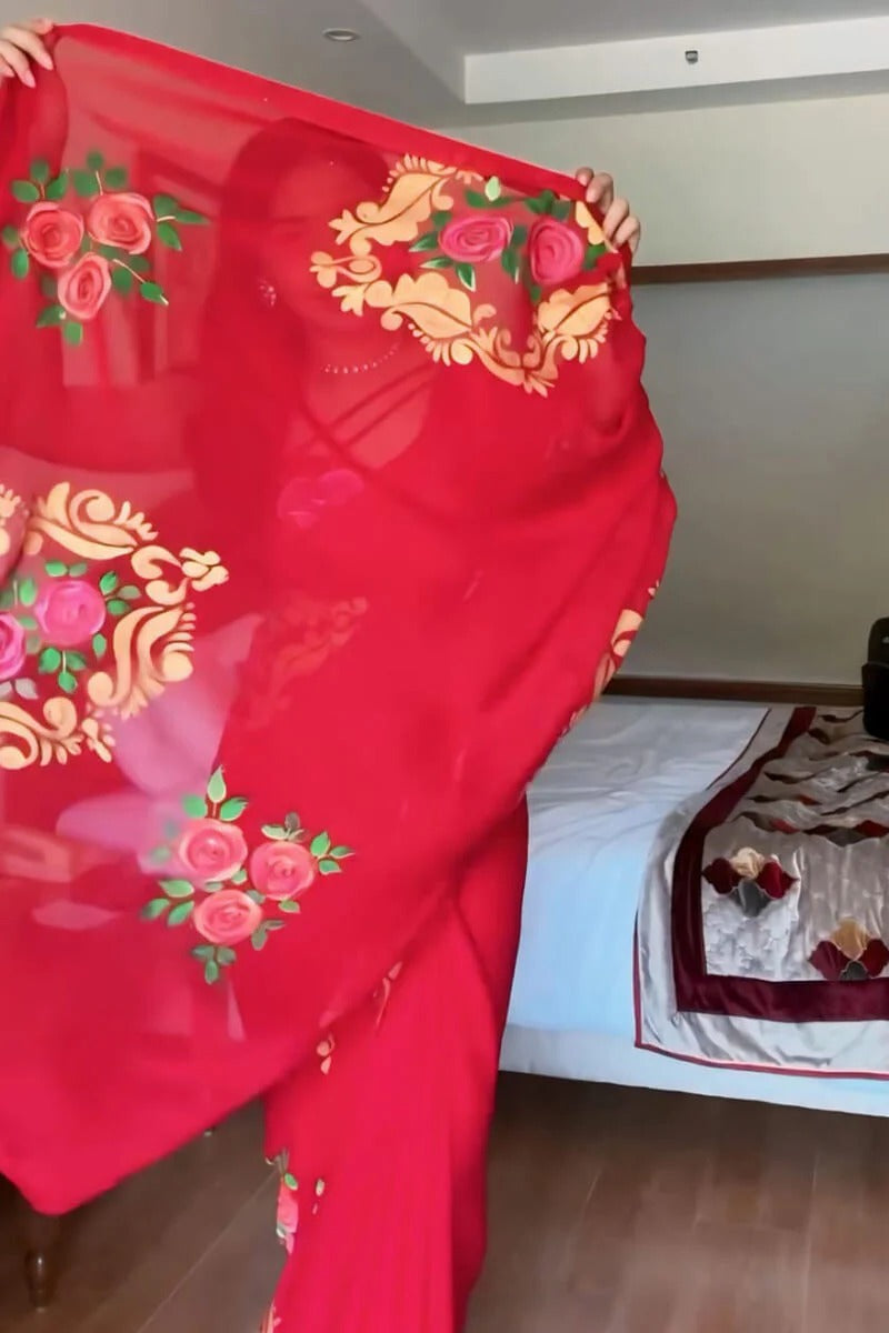 Flaunt 1 Minute Ready To Wear Red Georgette Floral Digital Printed Saree