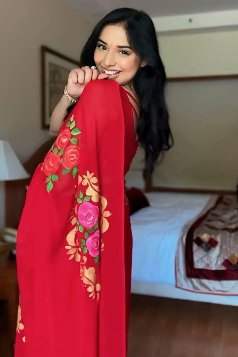 Flaunt 1 Minute Ready To Wear Red Georgette Floral Digital Printed Saree