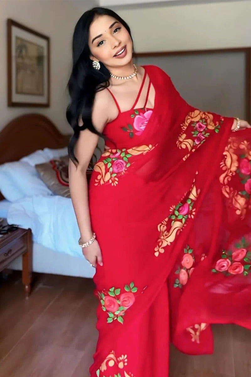 Flaunt 1 Minute Ready To Wear Red Georgette Floral Digital Printed Saree