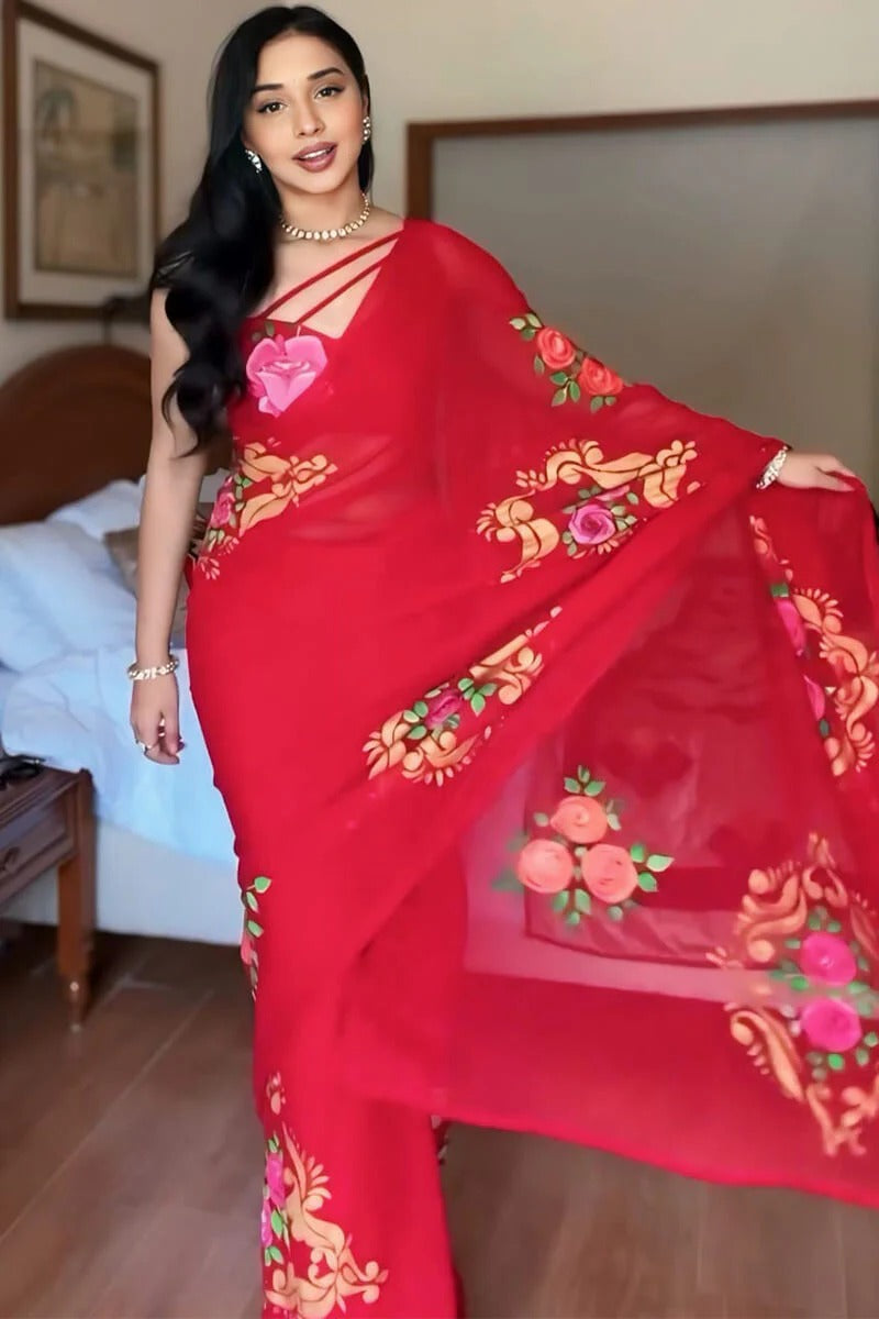 Flaunt 1 Minute Ready To Wear Red Georgette Floral Digital Printed Saree