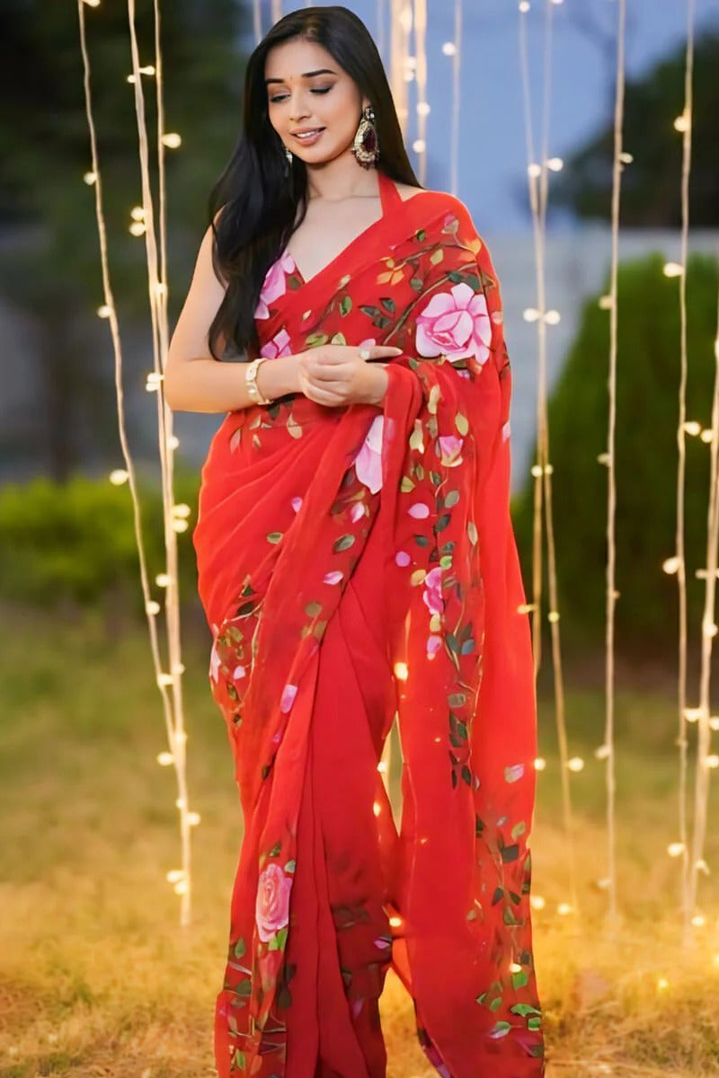 Gratifying 1 Minute Ready To Wear Red Georgette Floral Digital Printed Saree