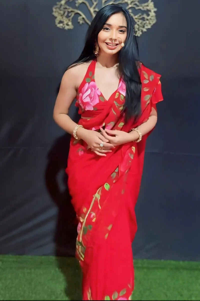 Gratifying 1 Minute Ready To Wear Red Georgette Floral Digital Printed Saree