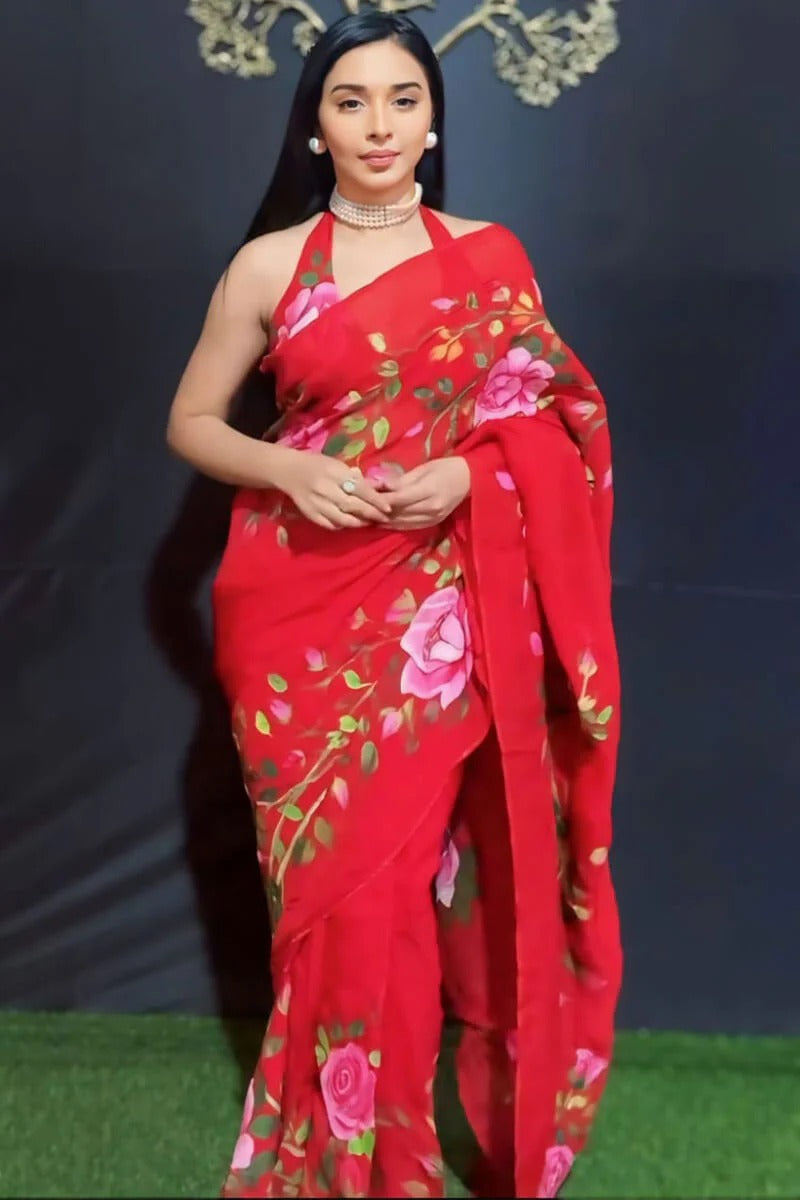 Gratifying 1 Minute Ready To Wear Red Georgette Floral Digital Printed Saree