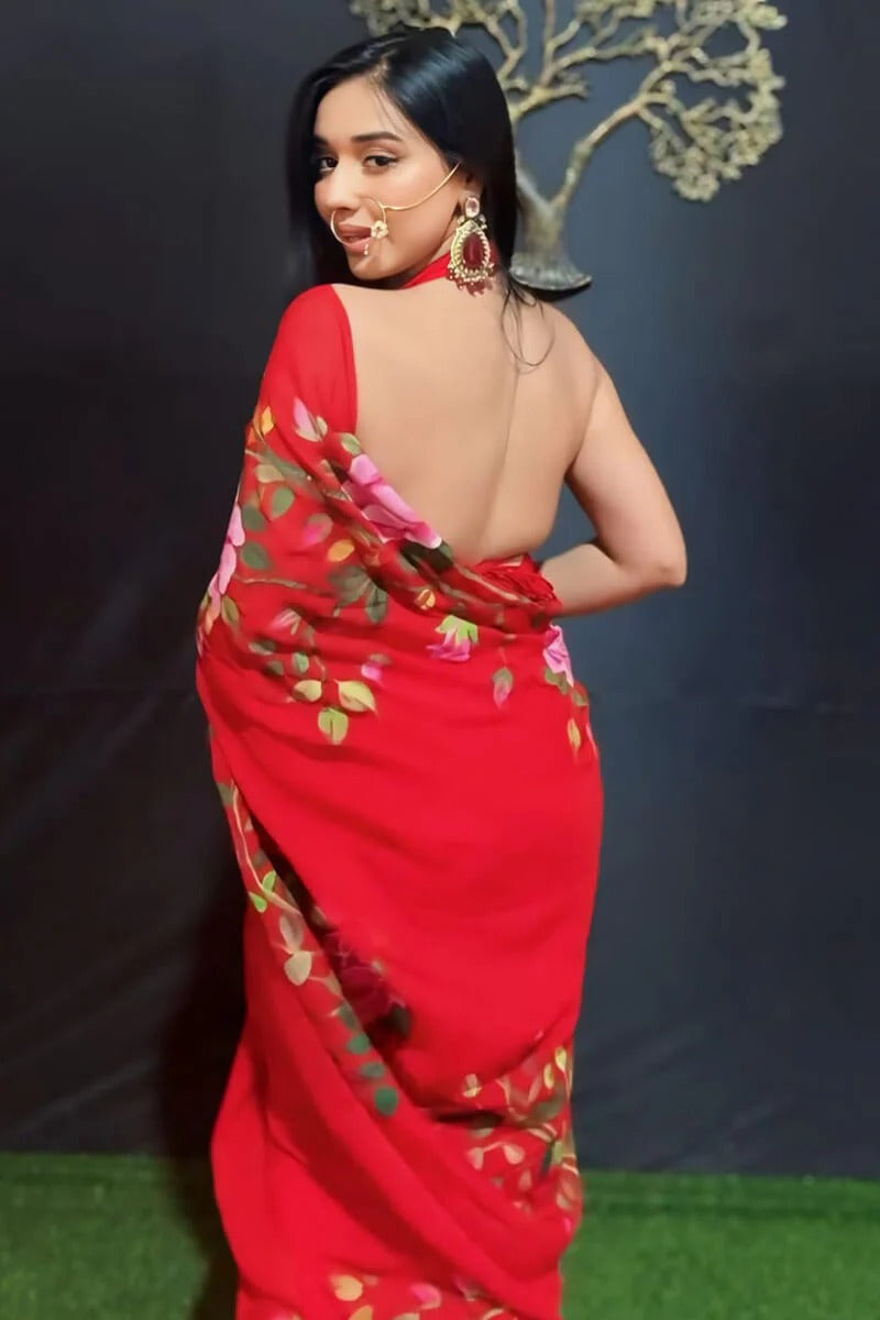 Gratifying 1 Minute Ready To Wear Red Georgette Floral Digital Printed Saree