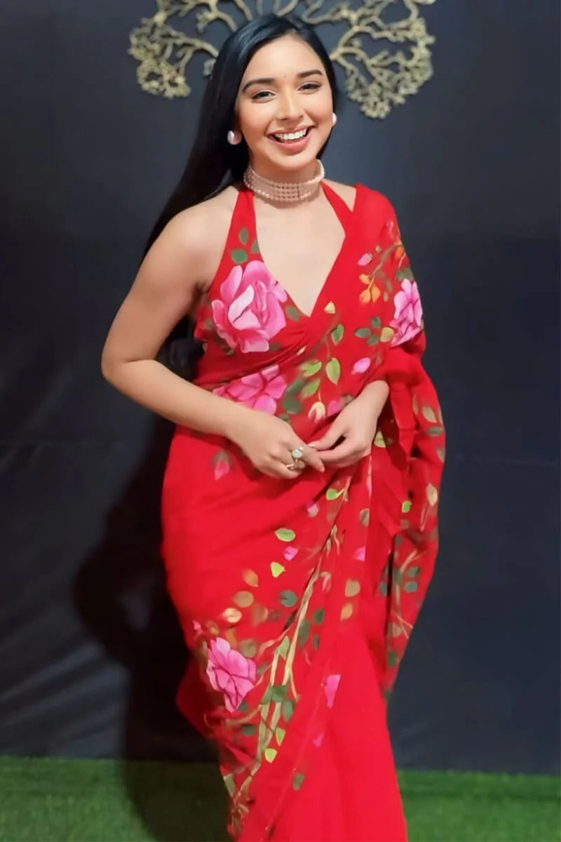 Gratifying 1 Minute Ready To Wear Red Georgette Floral Digital Printed Saree