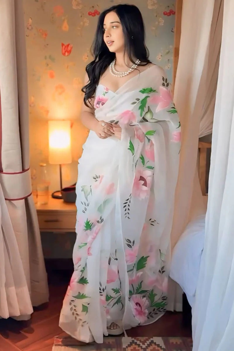 Extraordinary 1 Minute Ready To Wear White Organza Floral Digital Printed Saree
