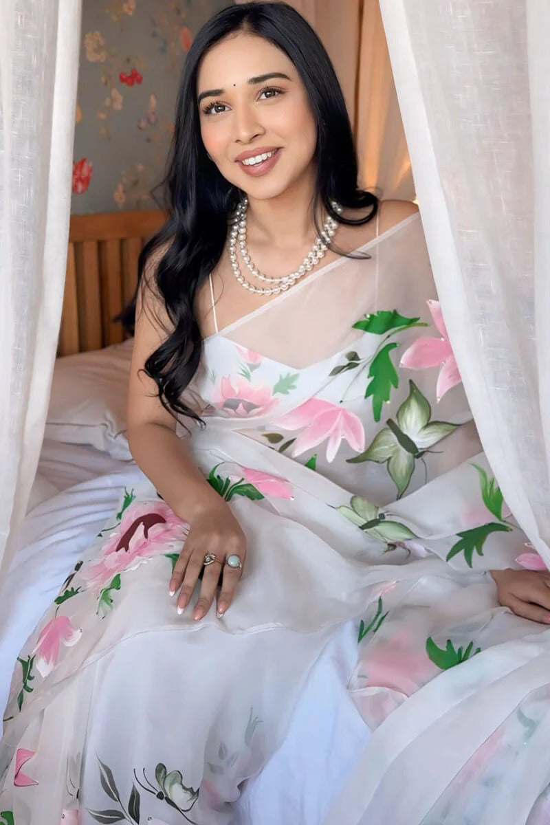 Extraordinary 1 Minute Ready To Wear White Organza Floral Digital Printed Saree