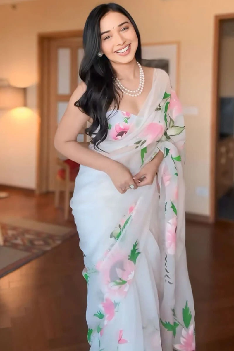 Extraordinary 1 Minute Ready To Wear White Organza Floral Digital Printed Saree