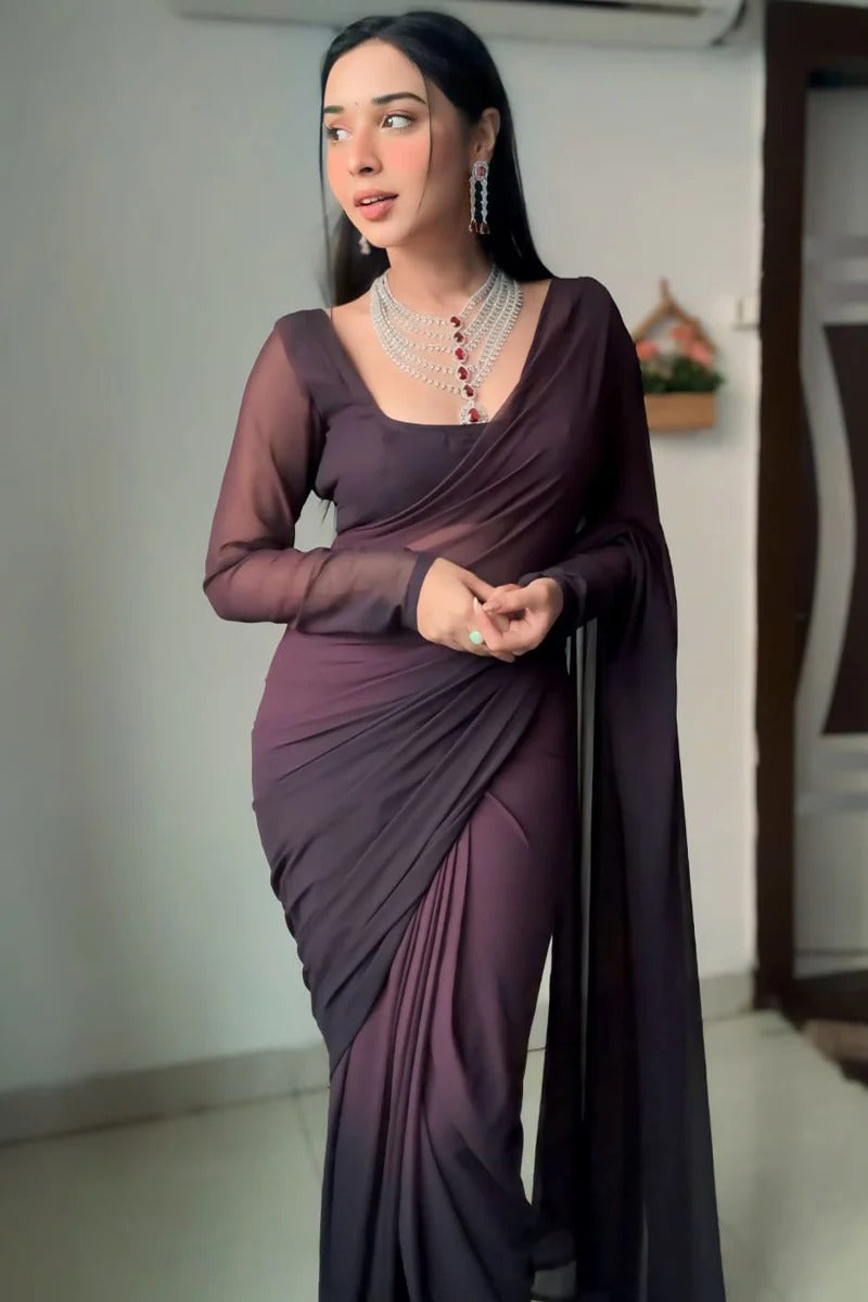 Innovative 1 Minute Ready To Wear Brown Georgette Saree