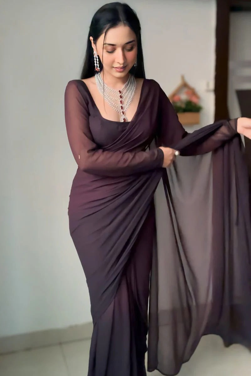 Innovative 1 Minute Ready To Wear Brown Georgette Saree