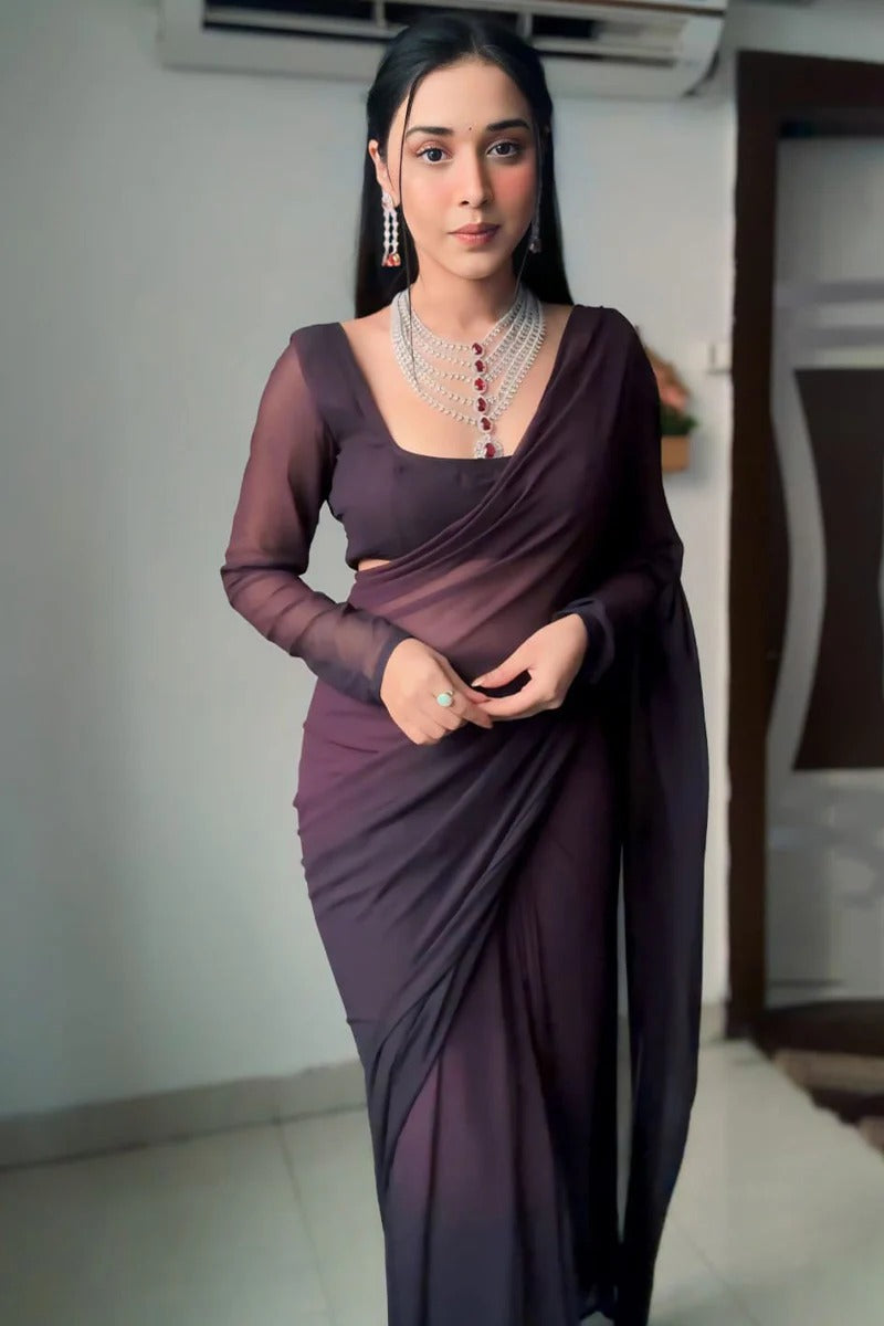 Innovative 1 Minute Ready To Wear Brown Georgette Saree