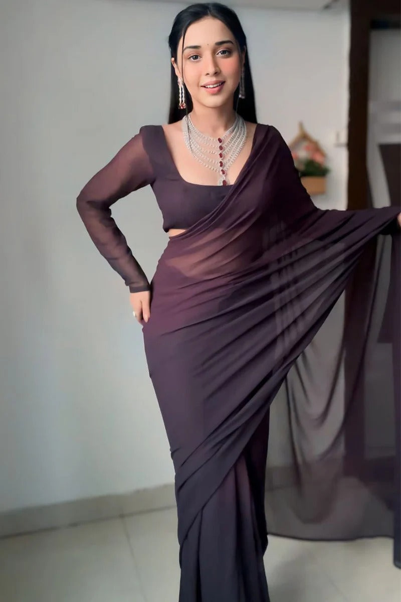Innovative 1 Minute Ready To Wear Brown Georgette Saree
