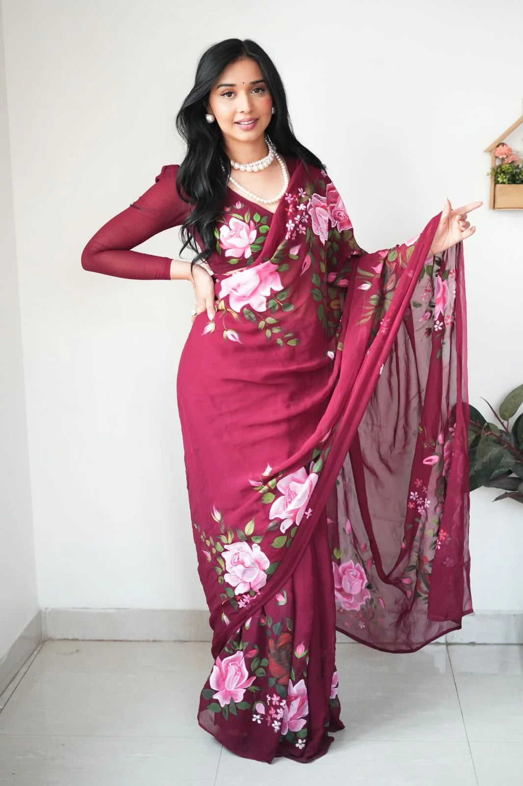 Moiety 1 Minute Ready To Wear Maroon Georgette Floral Digital Printed Saree