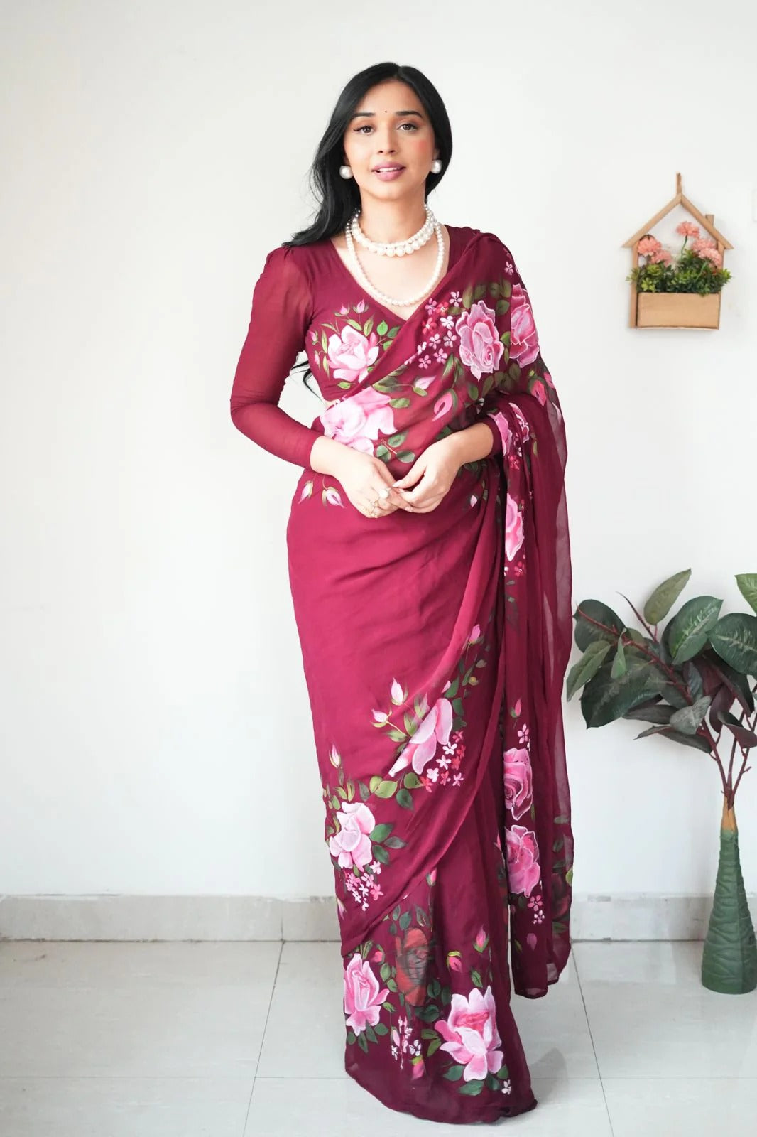 Moiety 1 Minute Ready To Wear Maroon Georgette Floral Digital Printed Saree