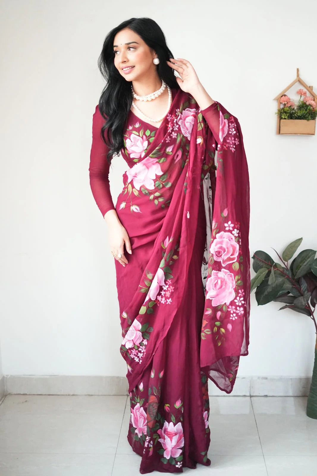 Moiety 1 Minute Ready To Wear Maroon Georgette Floral Digital Printed Saree