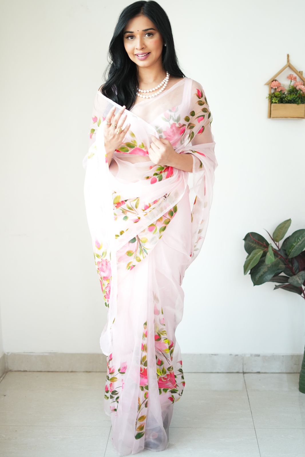 Preferable 1 Minute Ready To Wear White Organza Floral Digital Printed Saree