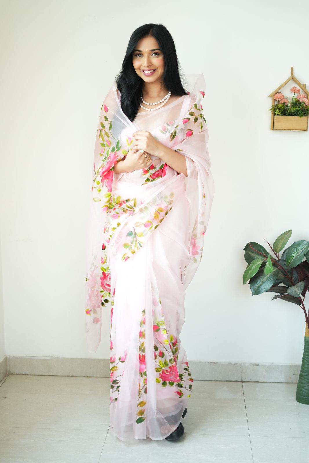 Preferable 1 Minute Ready To Wear White Organza Floral Digital Printed Saree