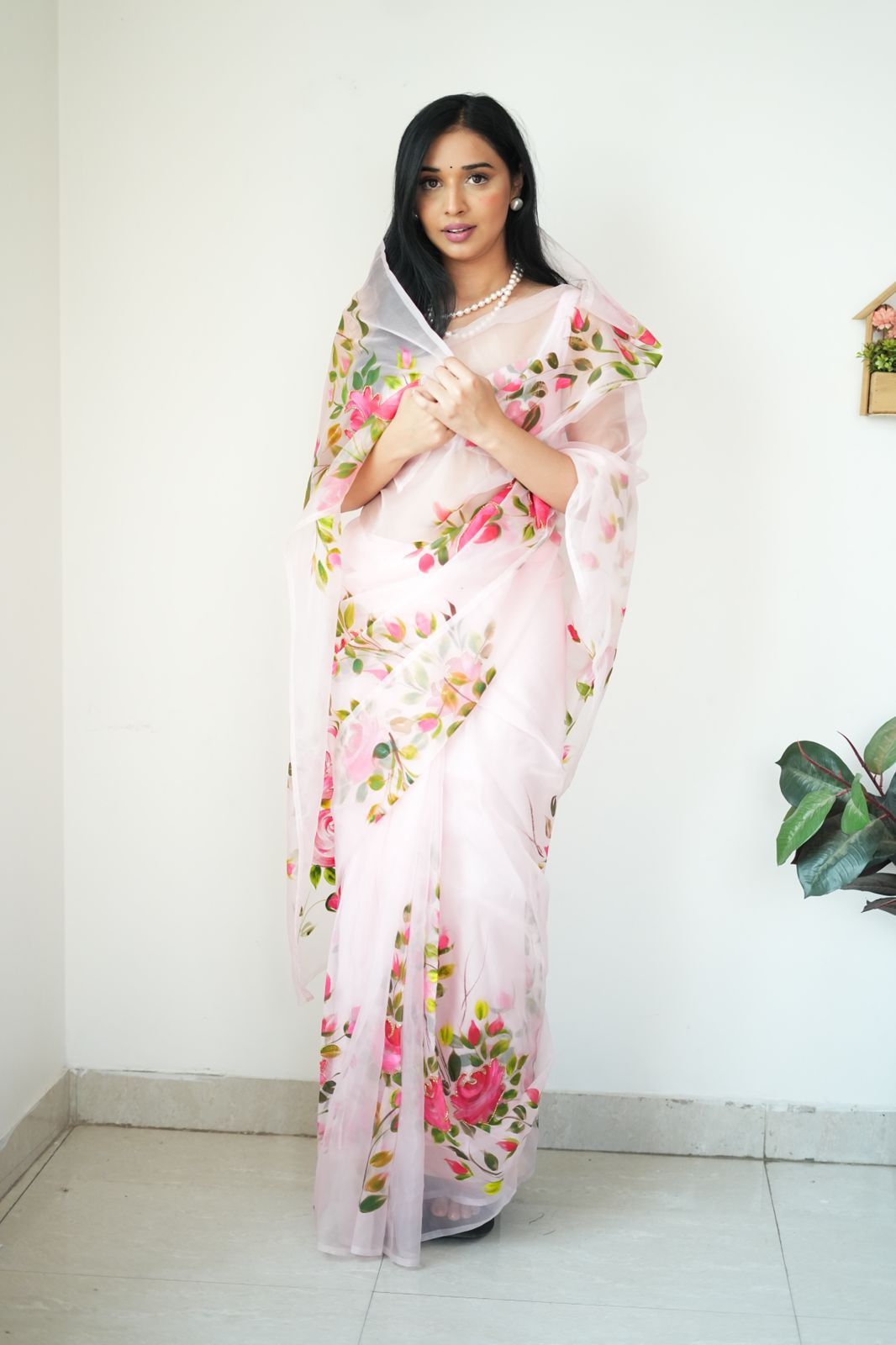 Preferable 1 Minute Ready To Wear White Organza Floral Digital Printed Saree