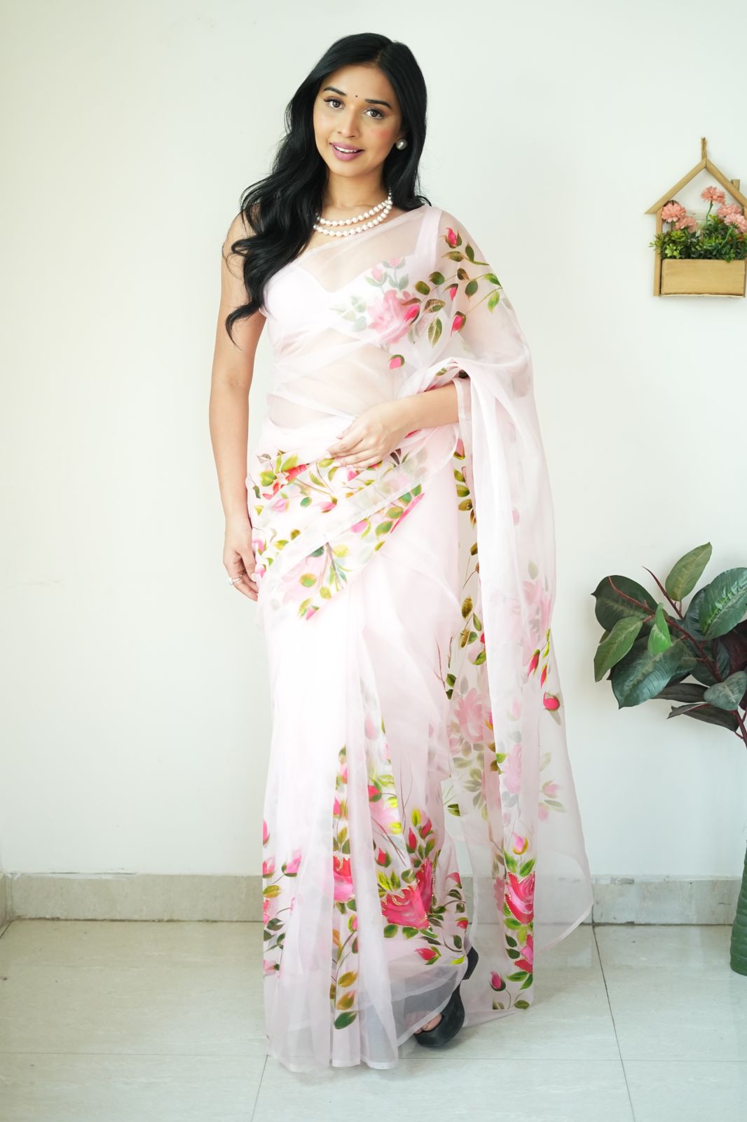 Preferable 1 Minute Ready To Wear White Organza Floral Digital Printed Saree