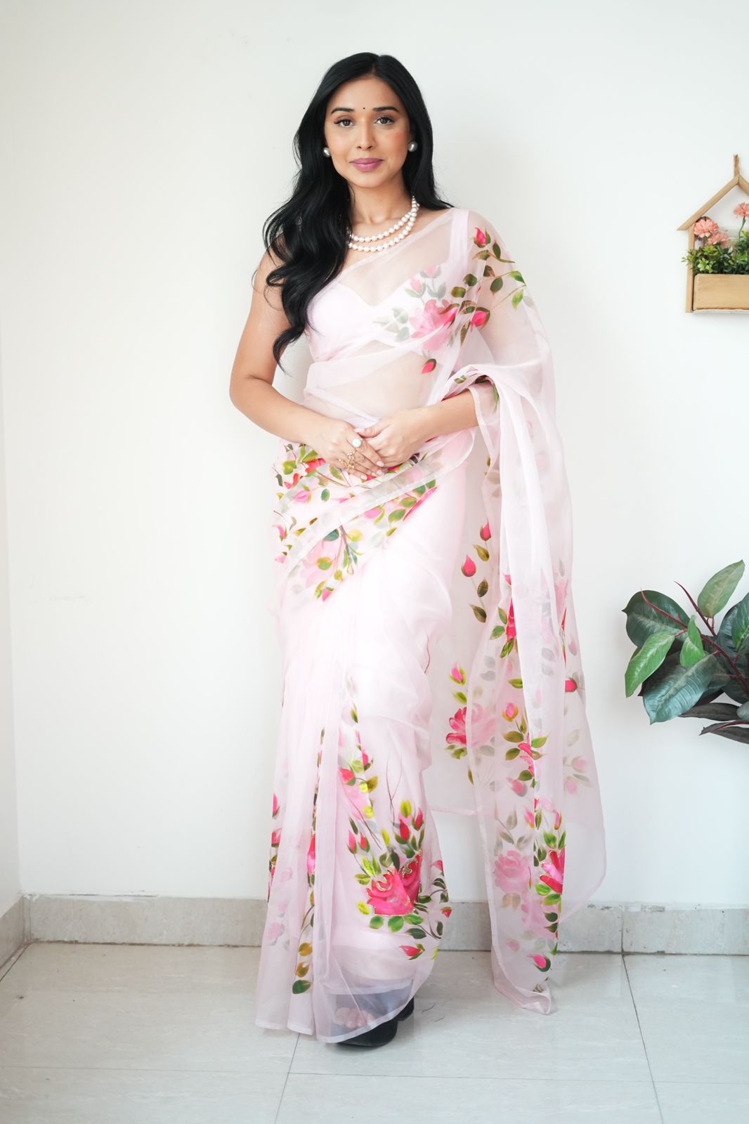 Preferable 1 Minute Ready To Wear White Organza Floral Digital Printed Saree