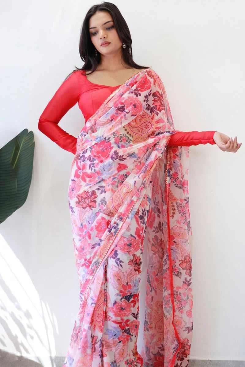 Surpassing 1 Minute Ready To Wear White Georgette Floral Digital Print Saree