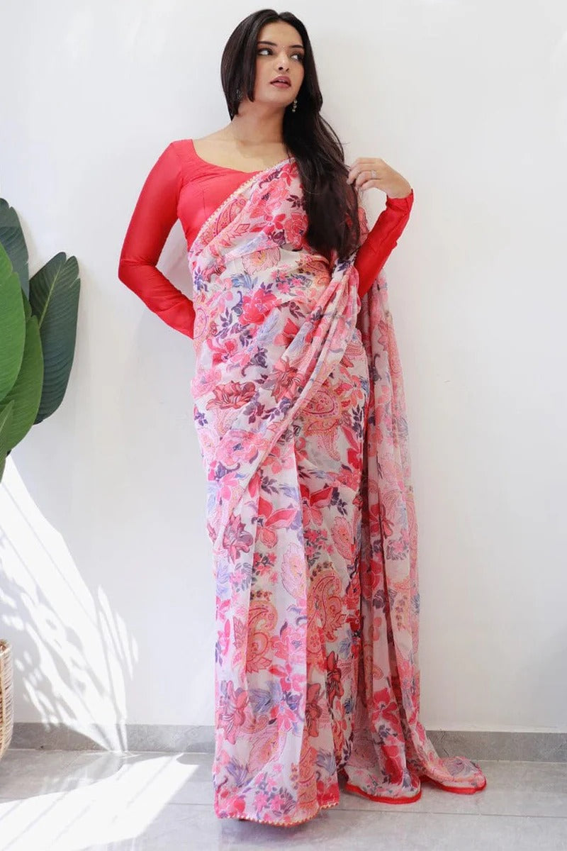 Surpassing 1 Minute Ready To Wear White Georgette Floral Digital Print Saree