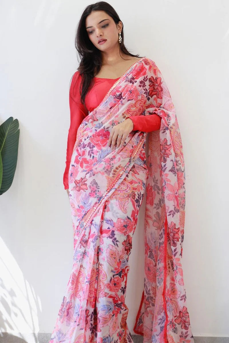 Surpassing 1 Minute Ready To Wear White Georgette Floral Digital Print Saree