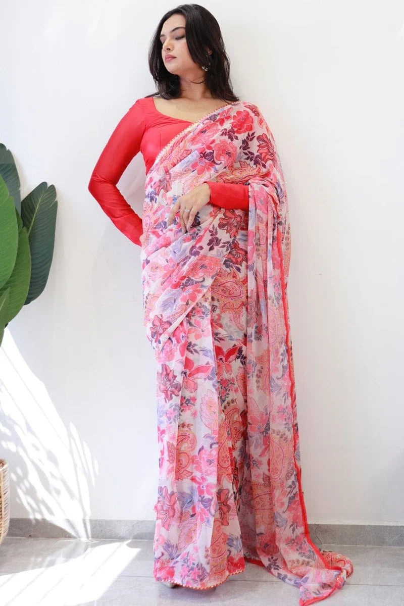Surpassing 1 Minute Ready To Wear White Georgette Floral Digital Print Saree