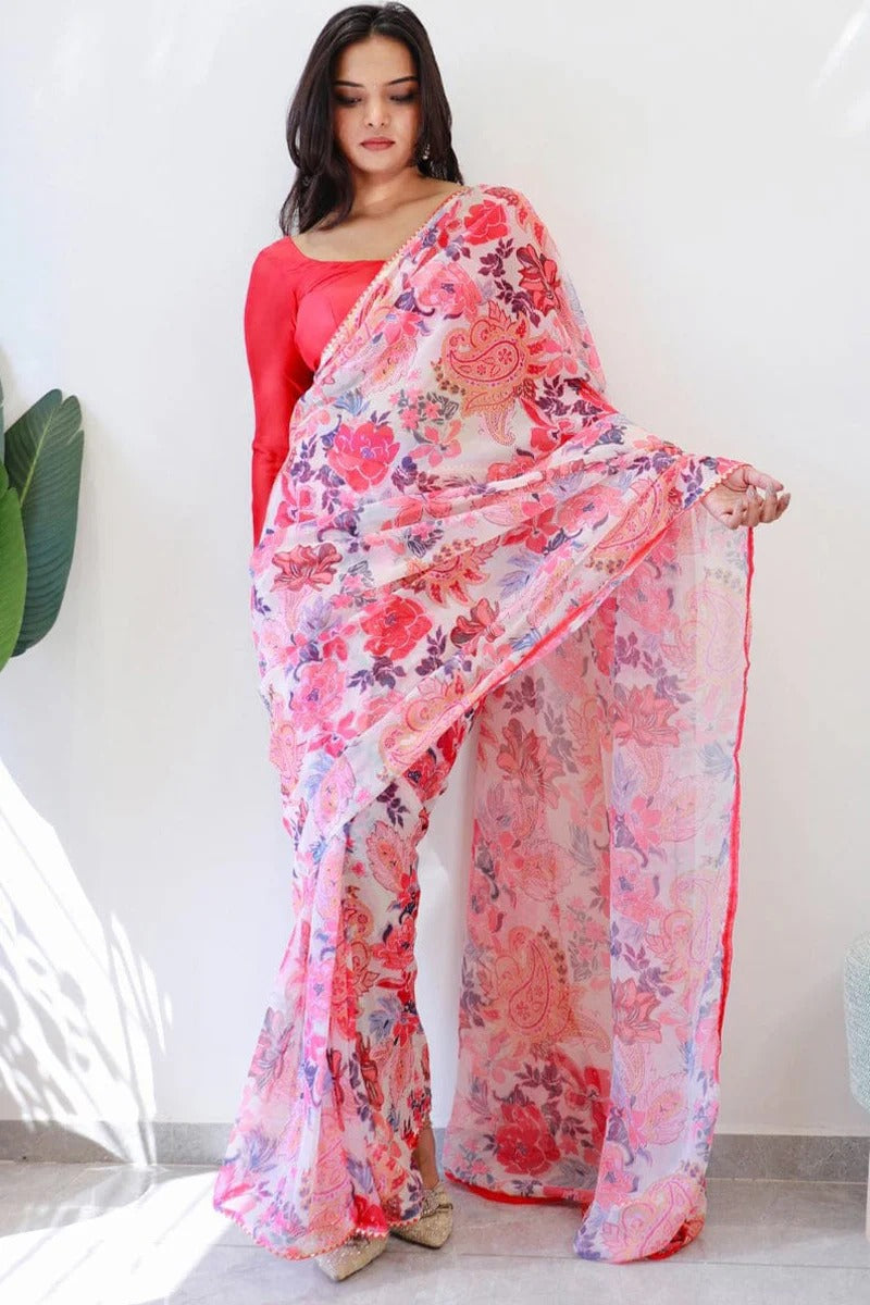 Surpassing 1 Minute Ready To Wear White Georgette Floral Digital Print Saree