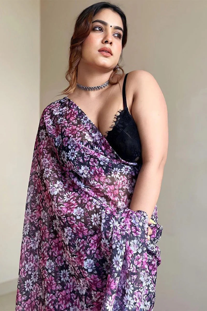 Skinny 1 Minute Ready To Wear Black Georgette Floral Digital Print Saree