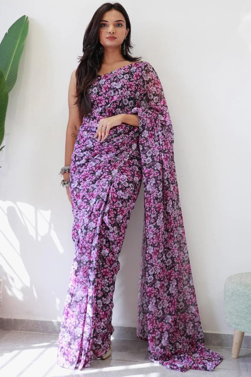 Skinny 1 Minute Ready To Wear Black Georgette Floral Digital Print Saree
