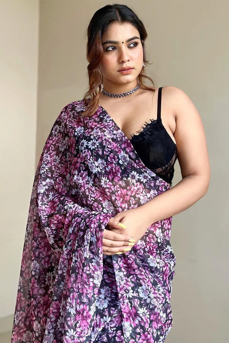 Skinny 1 Minute Ready To Wear Black Georgette Floral Digital Print Saree