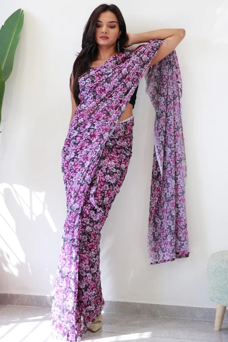 Skinny 1 Minute Ready To Wear Black Georgette Floral Digital Print Saree