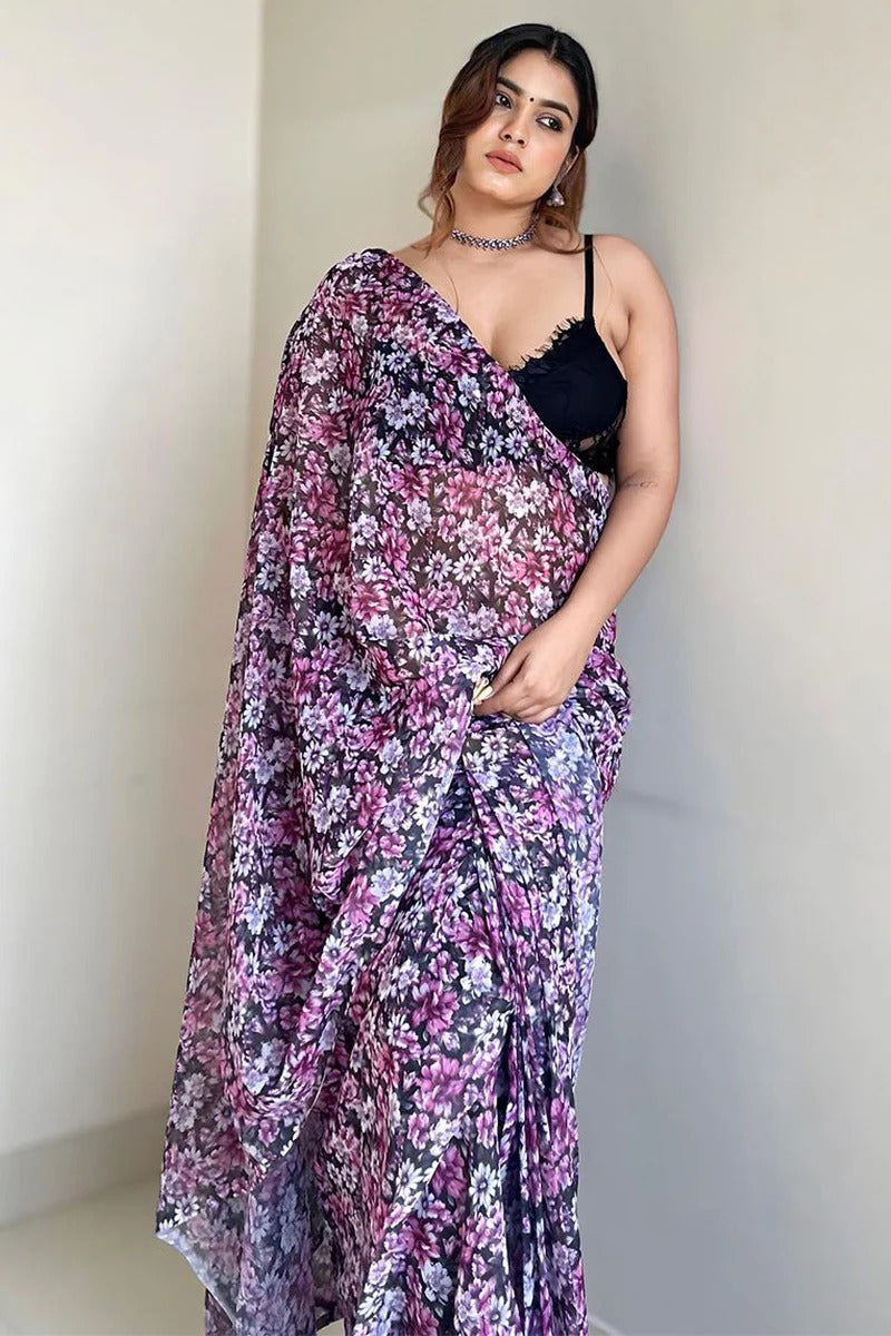 Skinny 1 Minute Ready To Wear Black Georgette Floral Digital Print Saree