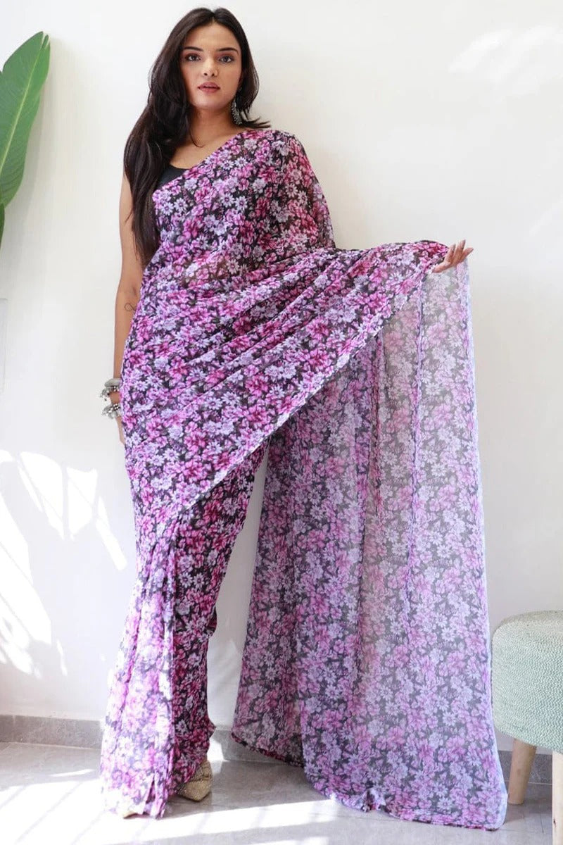 Skinny 1 Minute Ready To Wear Black Georgette Floral Digital Print Saree