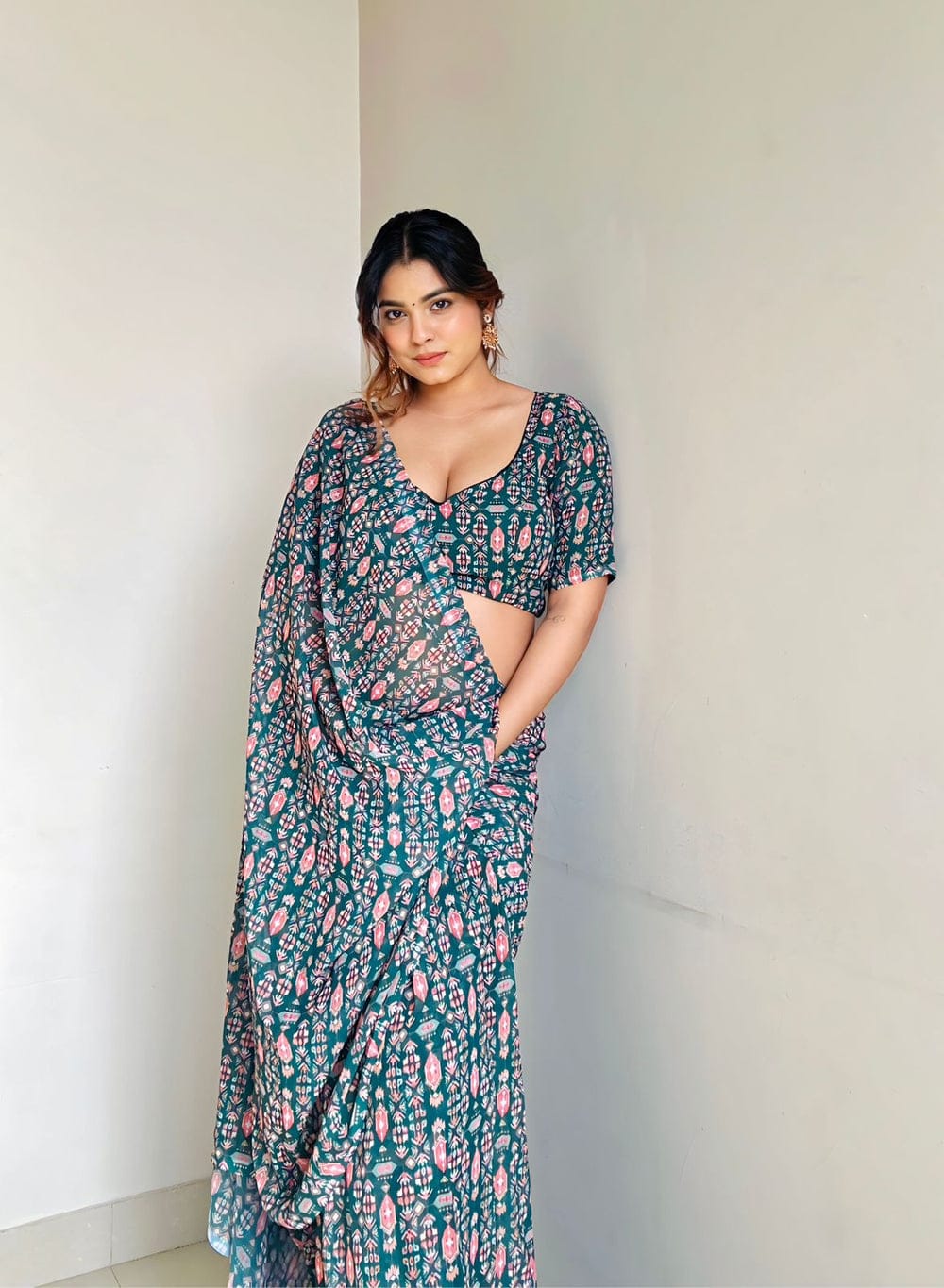 Unique 1 Minute Ready To Wear Green Georgette Digital Print Saree