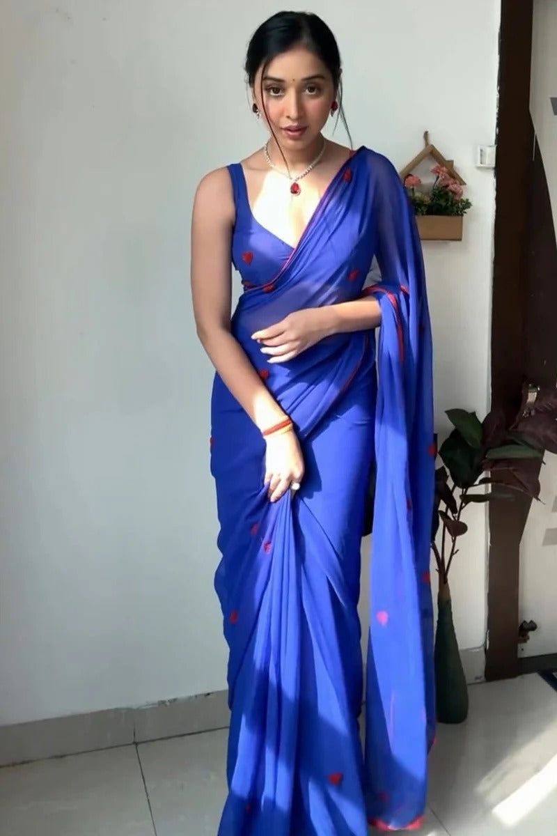 Amazing 1 Minute Ready To Wear Blue Georgette Chain Work Saree