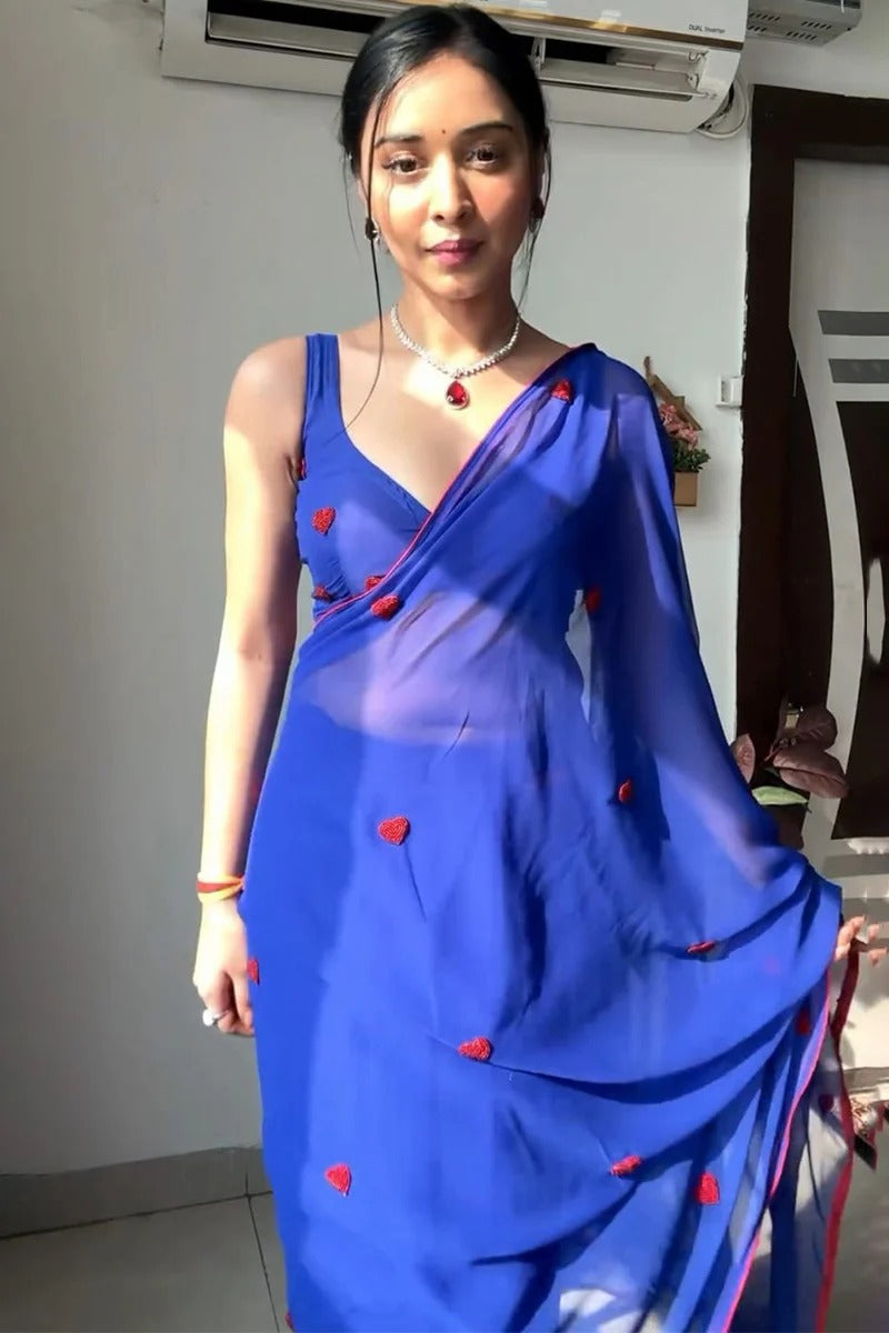 Amazing 1 Minute Ready To Wear Blue Georgette Chain Work Saree