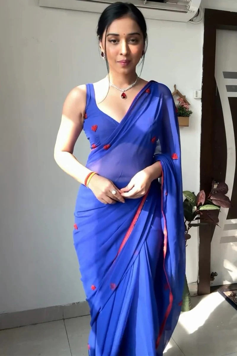 Amazing 1 Minute Ready To Wear Blue Georgette Chain Work Saree