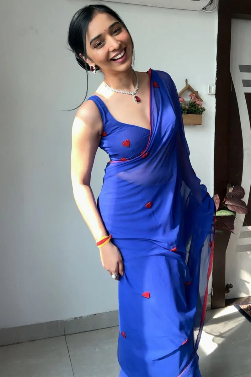 Amazing 1 Minute Ready To Wear Blue Georgette Chain Work Saree