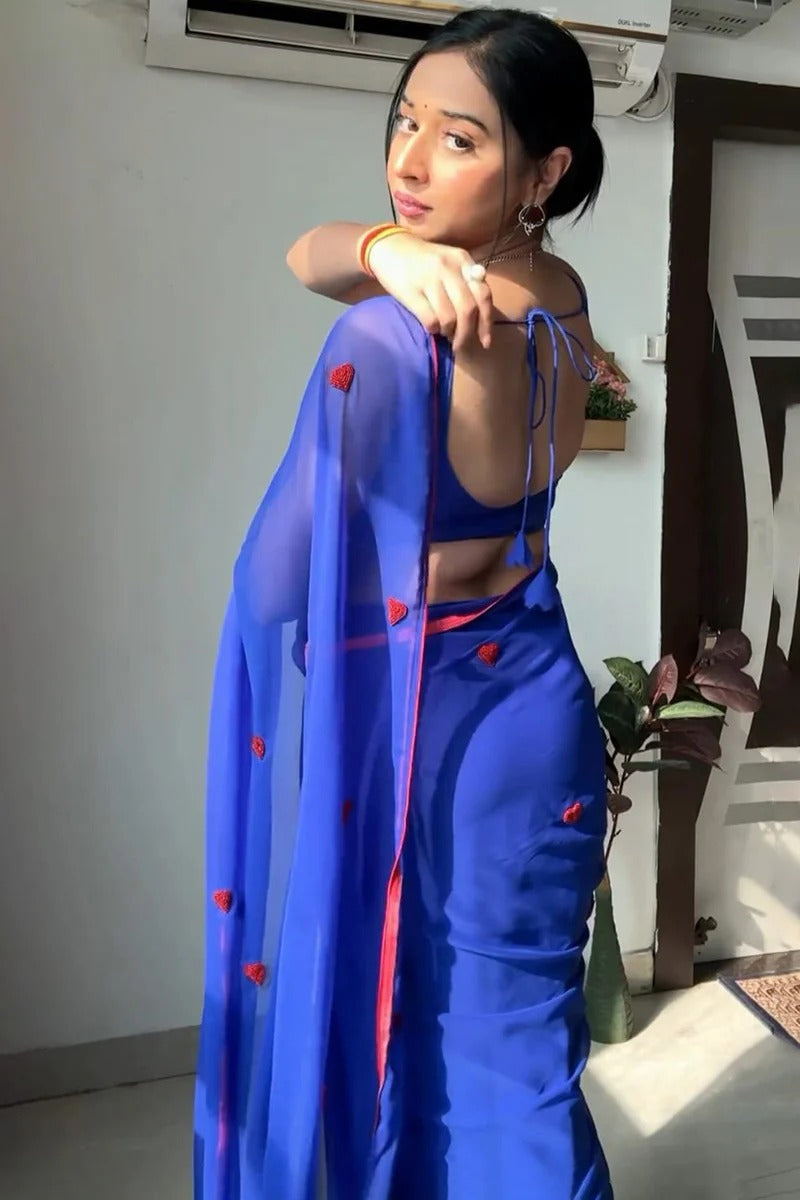 Amazing 1 Minute Ready To Wear Blue Georgette Chain Work Saree