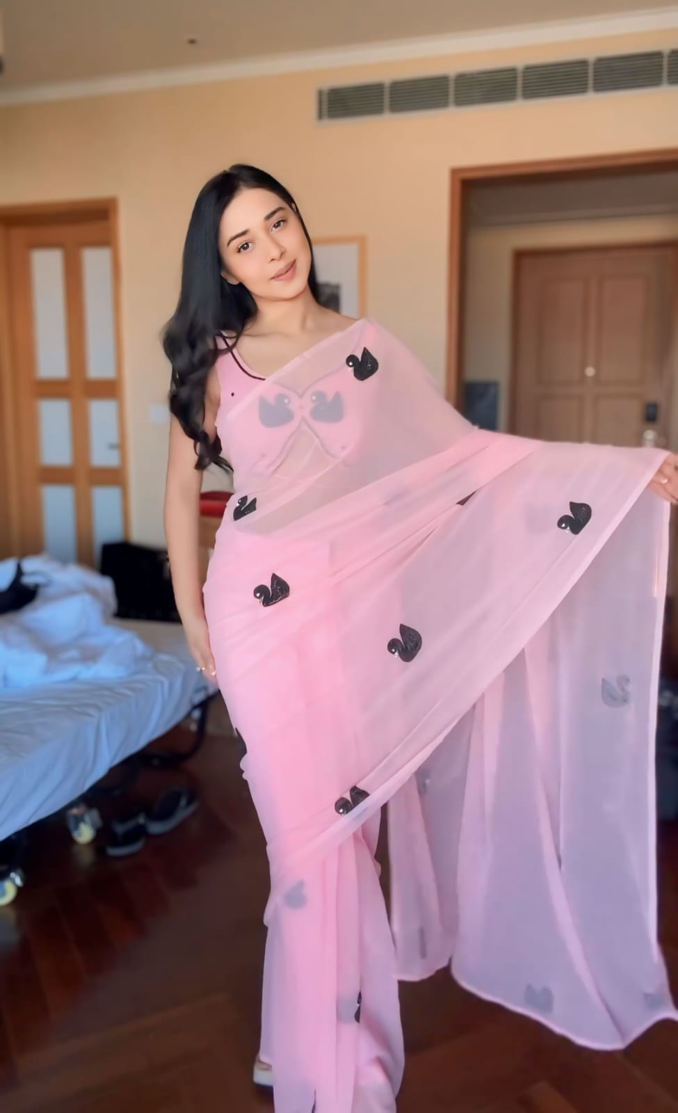 Bucolic 1 Minute Ready To Wear Pink Georgette Embroidery Work Saree