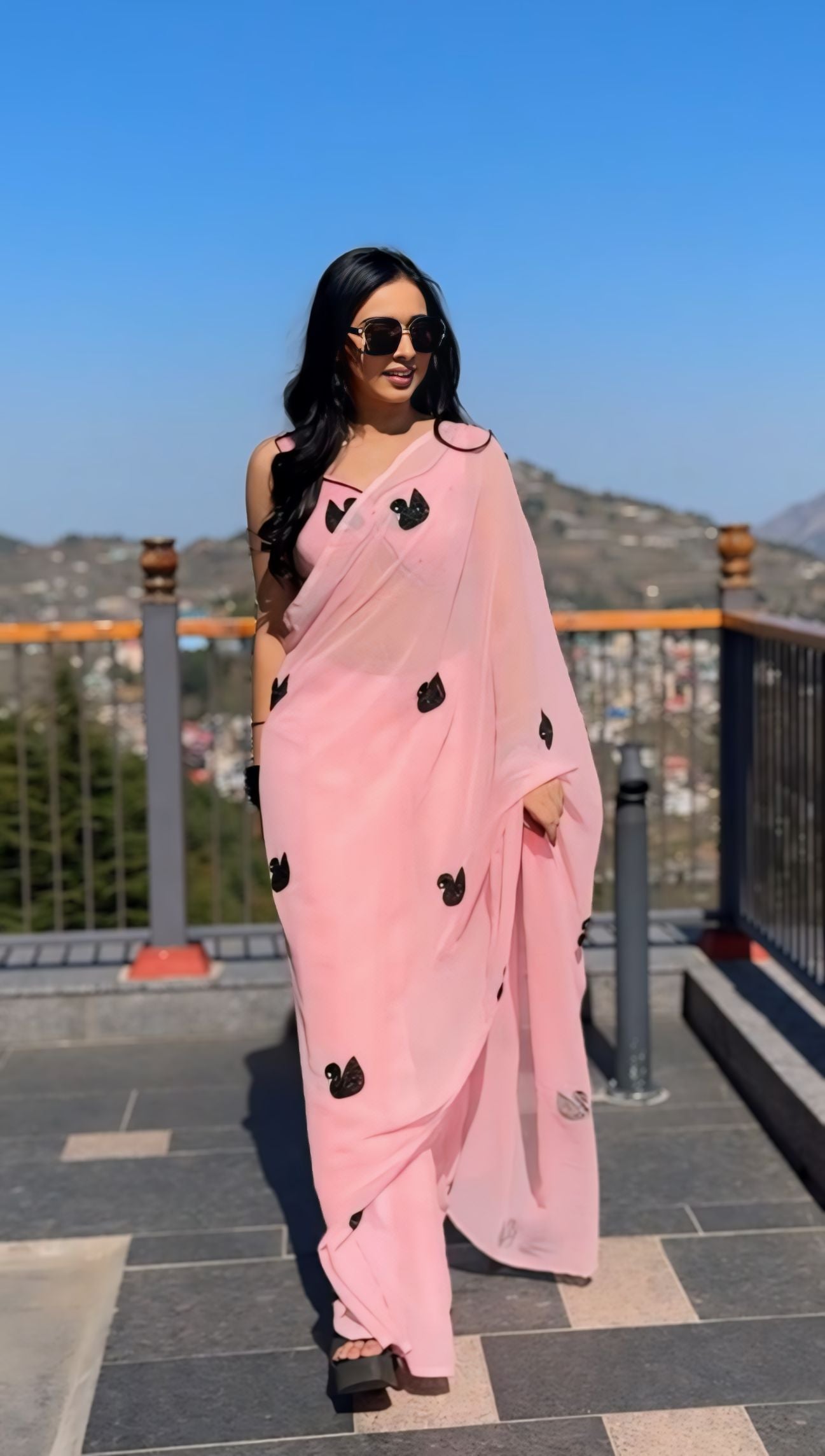 Bucolic 1 Minute Ready To Wear Pink Georgette Embroidery Work Saree