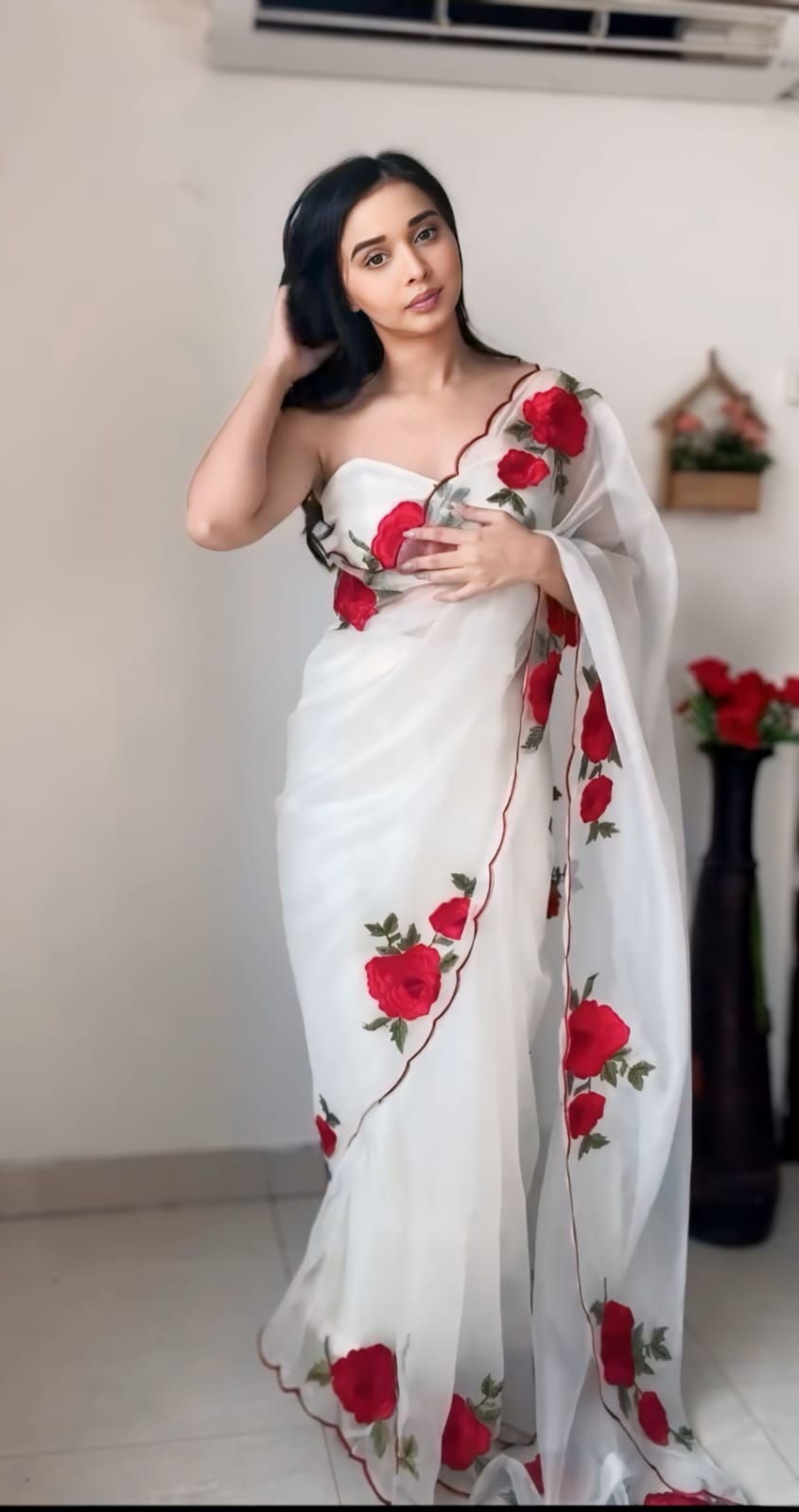 Confounding 1 Minute Ready To Wear White Organza Embroidery Work Saree