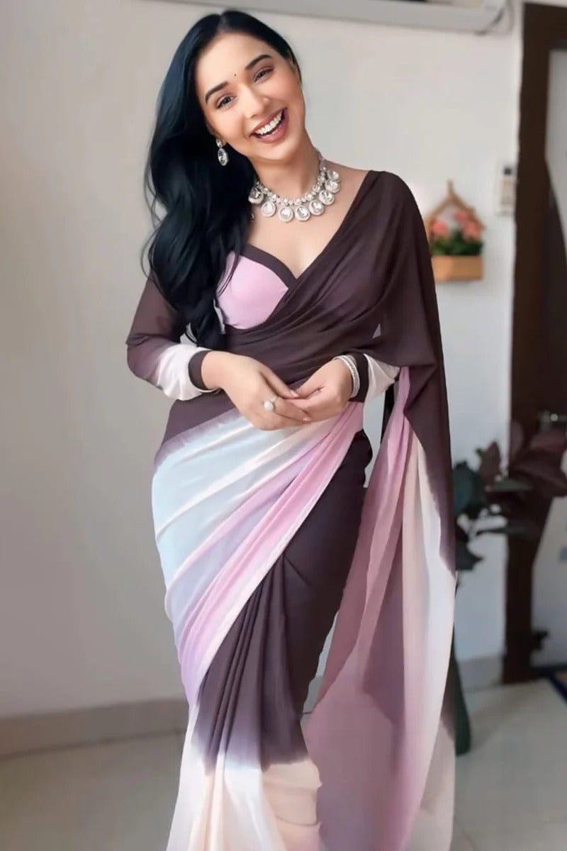 Forbearance 1 Minute Ready To Wear Brown And Pink Georgette Saree