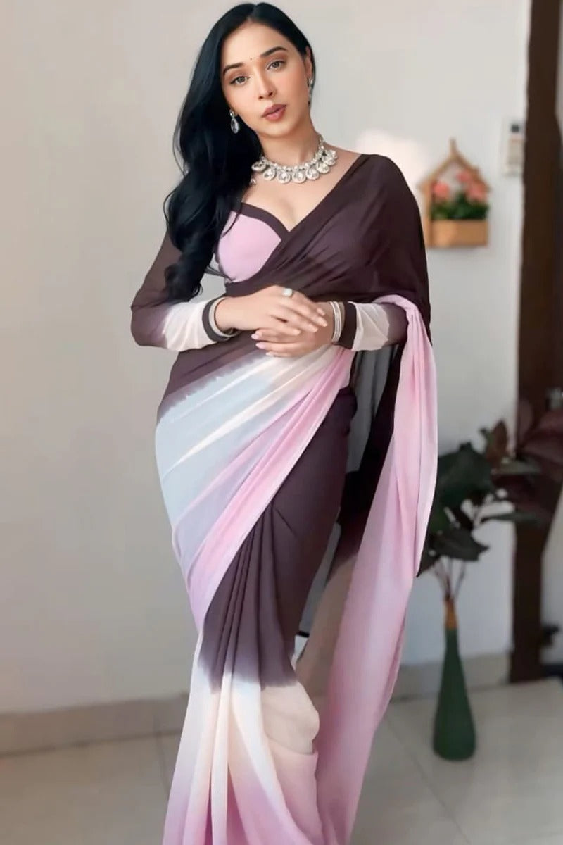 Forbearance 1 Minute Ready To Wear Brown And Pink Georgette Saree
