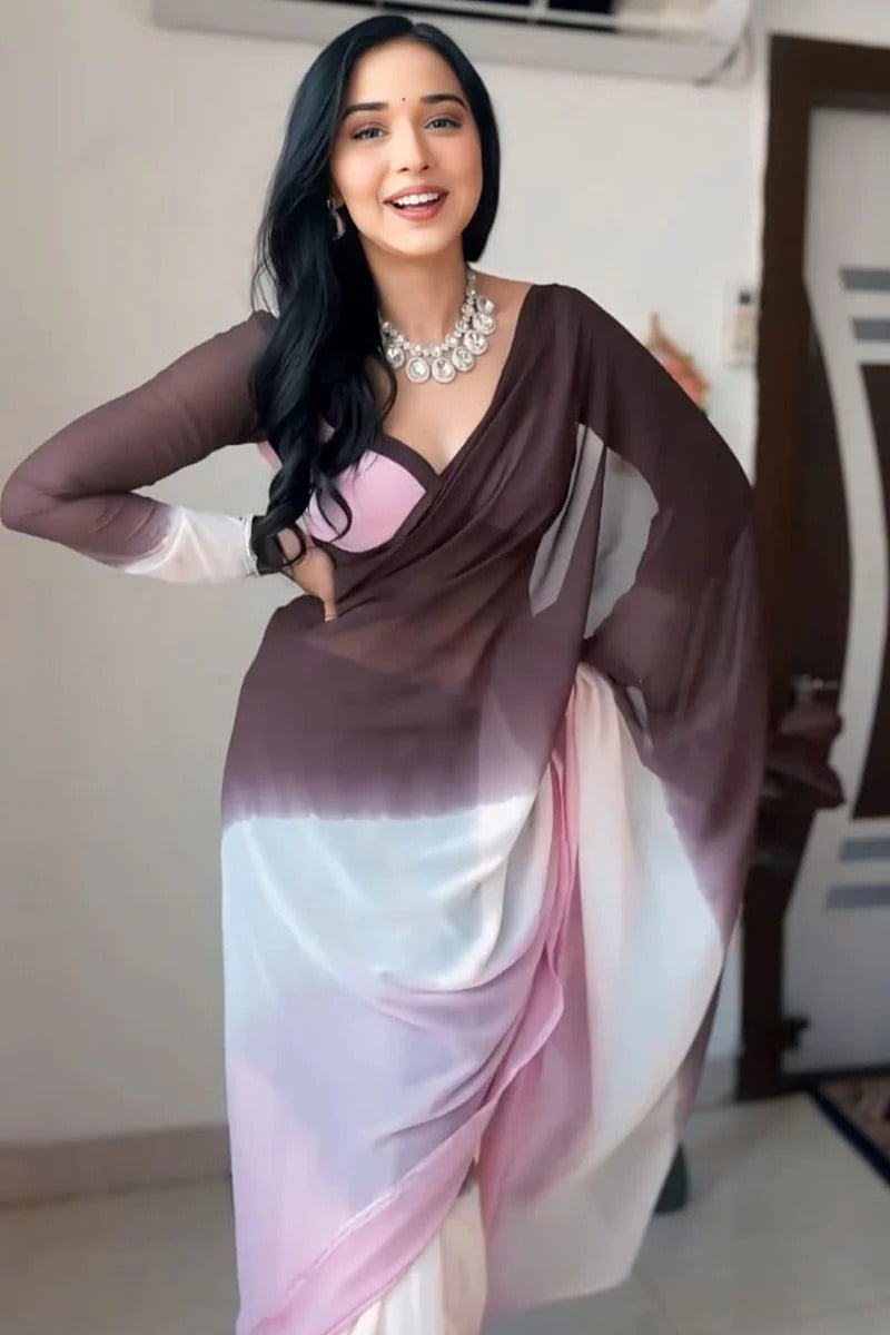 Forbearance 1 Minute Ready To Wear Brown And Pink Georgette Saree