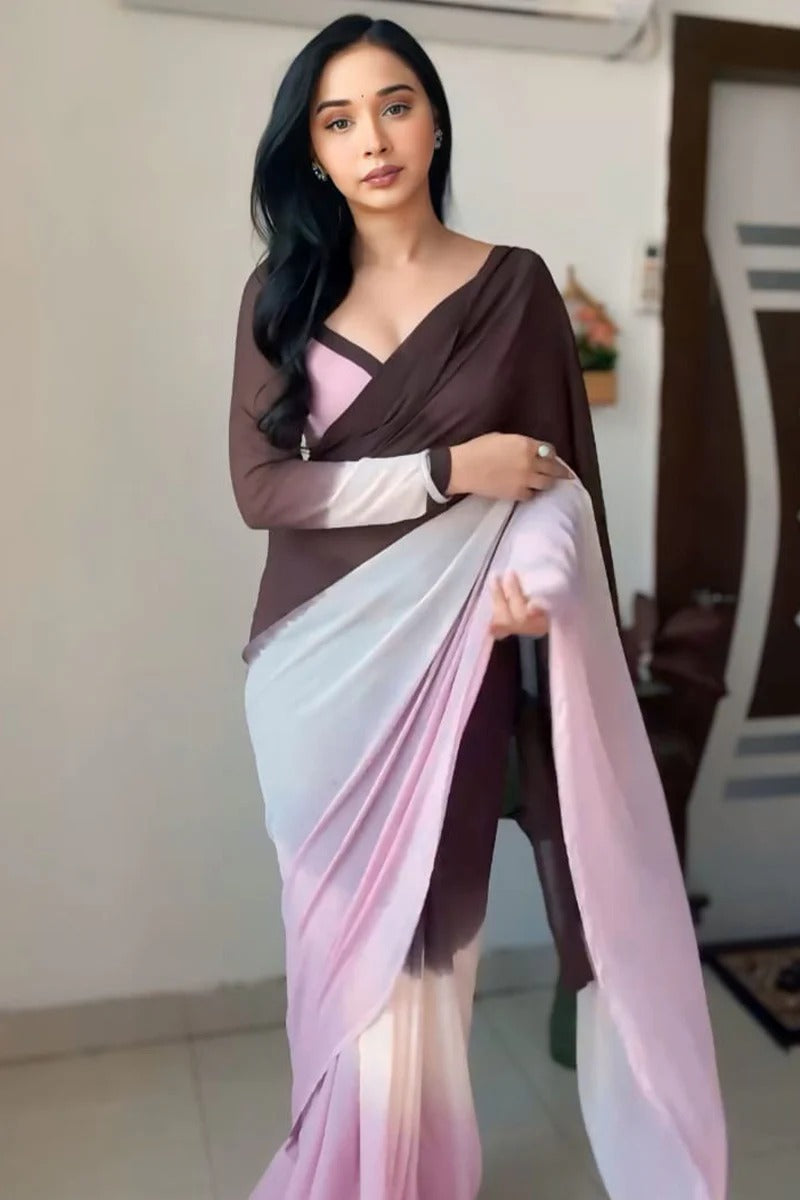 Forbearance 1 Minute Ready To Wear Brown And Pink Georgette Saree