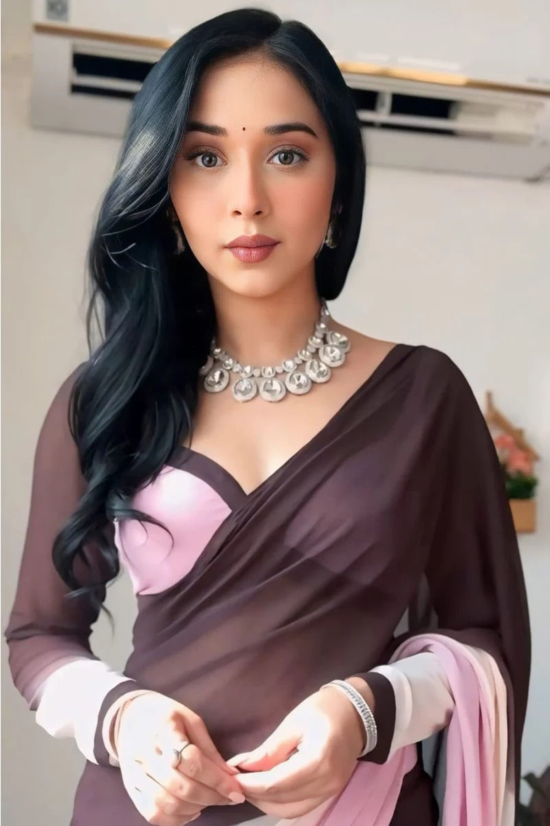 Forbearance 1 Minute Ready To Wear Brown And Pink Georgette Saree